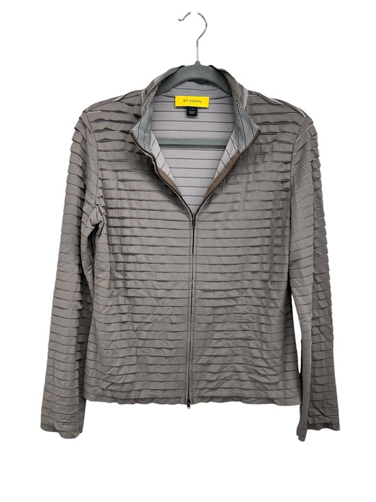 St. John Tops - ST. JOHN Yellow Label Mock Neck Taupe Layered Pleat Full Zip Jacket Womens Small
